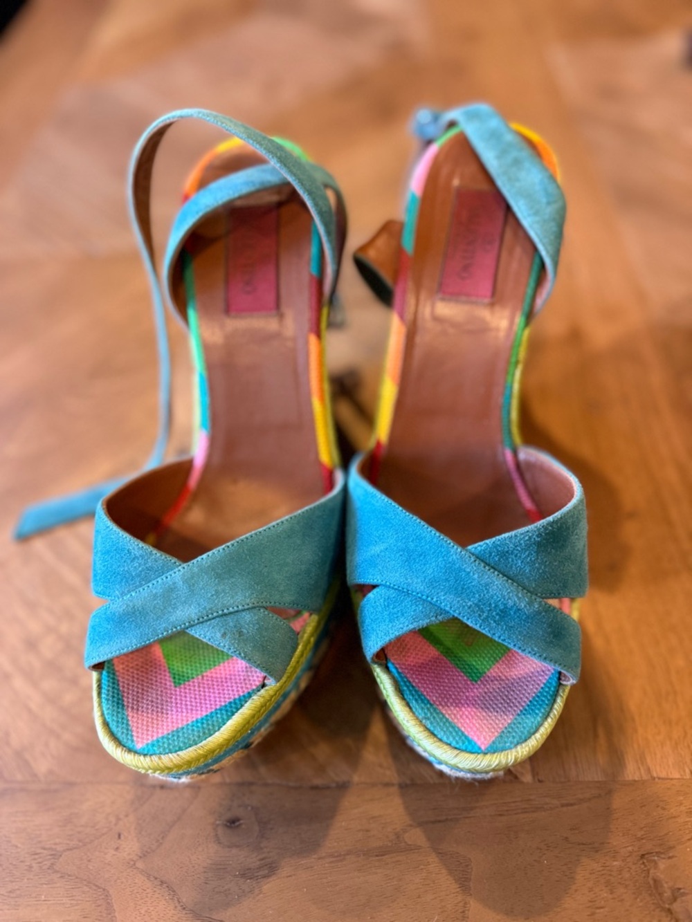 Valentino Teal Suede Cross-Strap Wedge Sandals with Multicolor Insole